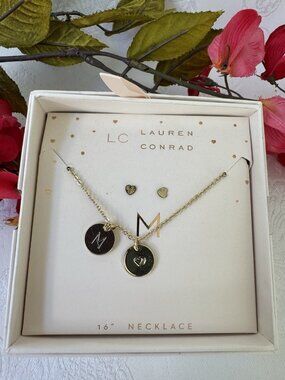 LC Lauren Conrad Initial M Silvertone Necklace Heart Earring Set Gift Box 16"